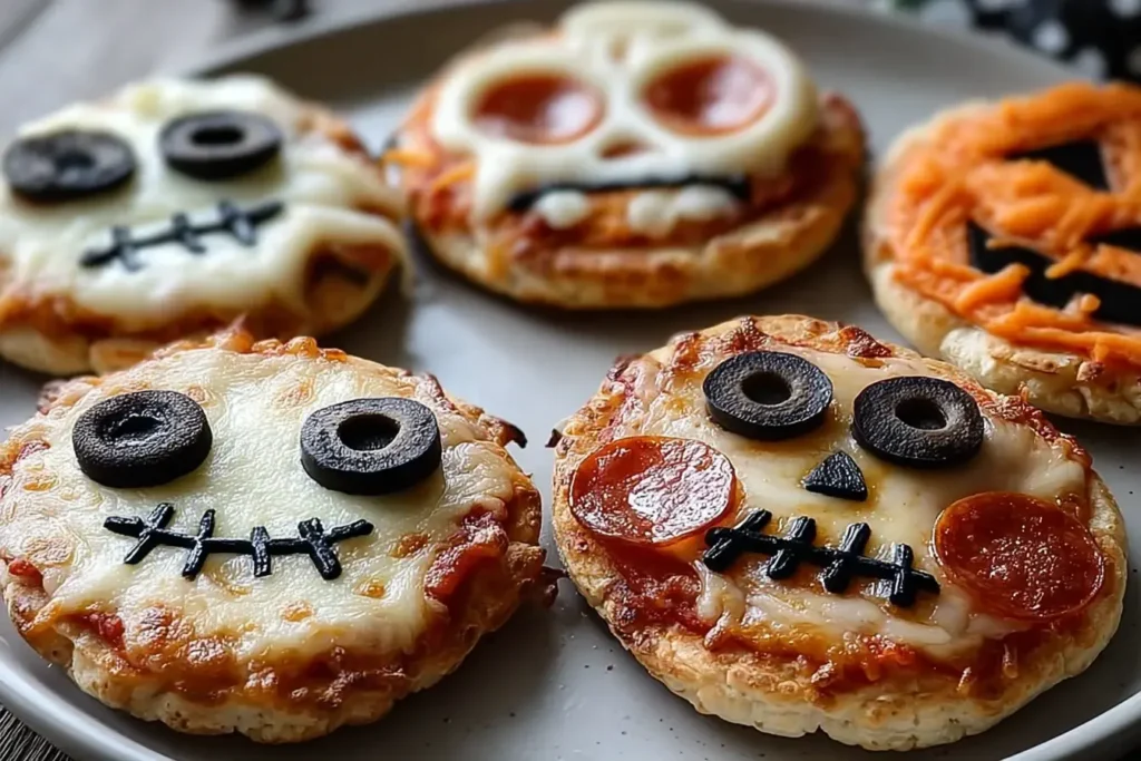 Mini Halloween Pizzas decorated as skeleton faces, jack-o’-lanterns, and skulls with cheese, olives, and pepperoni on a plate.