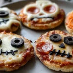 Mini Halloween Pizzas decorated as skeleton faces, jack-o’-lanterns, and skulls with cheese, olives, and pepperoni on a plate.