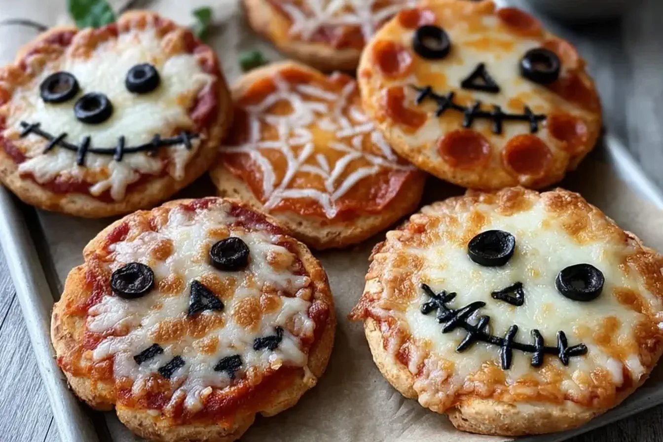 Mini Halloween Pizzas decorated as ghosts, mummies, and jack-o’-lanterns with cheese, olives, and peppers on a baking tray.