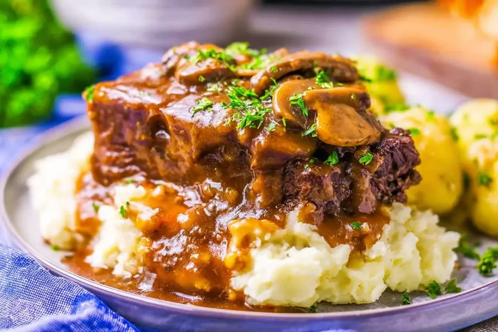 Slow Cooker Smothered Steak topped with mushroom gravy and fresh herbs, served over mashed potatoes.