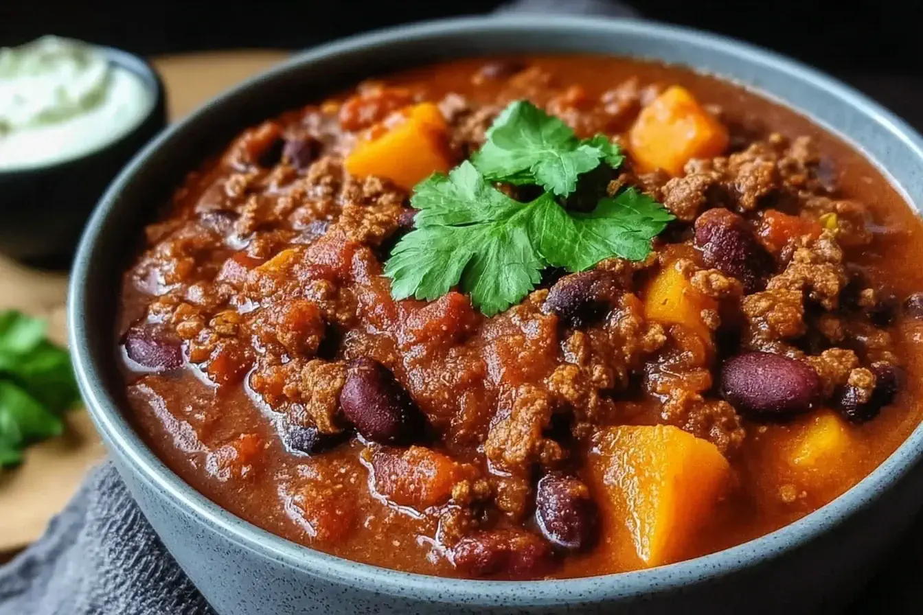 Crockpot Pumpkin Chili with ground beef, beans, and tender pumpkin chunks topped with fresh cilantro.
