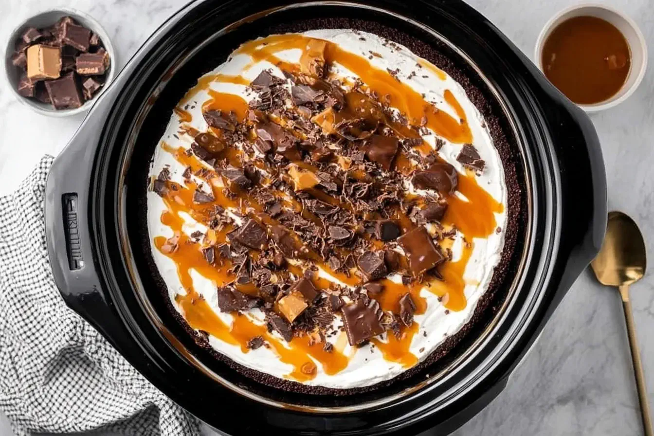 Top view of Slow Cooker Better Than Sex Cake topped with Cool Whip, caramel drizzle, chopped Heath bars, and chocolate sauce in a black slow cooker.