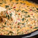 Creamy Slow Cooker Queso Spinach Dip with tortilla chip being dipped