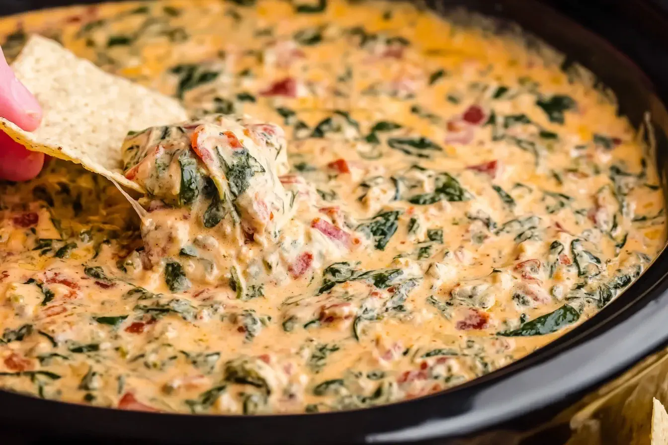 Creamy Slow Cooker Queso Spinach Dip with tortilla chip being dipped