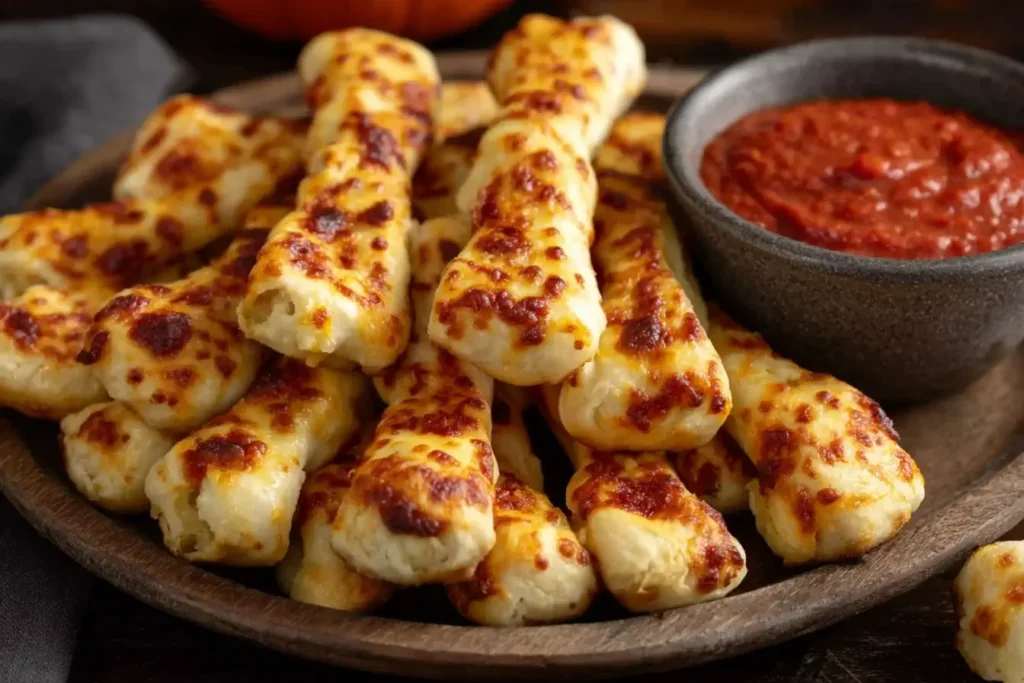 Cheesy Halloween Breadstick Bones served with marinara dipping sauce on a wooden plate