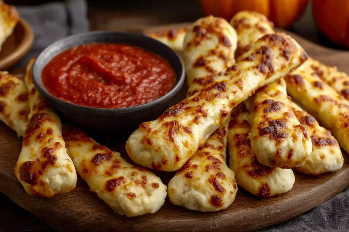Close-up of Cheesy Halloween Breadstick Bones with marinara sauce for dipping