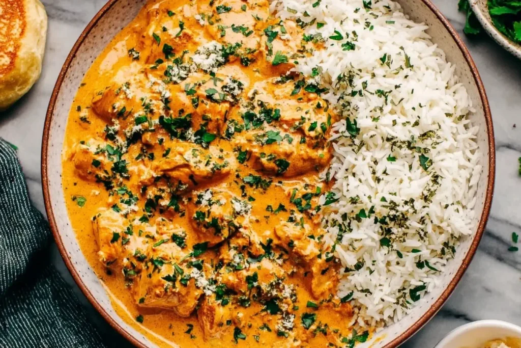 Slow Cooker Butter Chicken served with fluffy basmati rice and garnished with fresh herbs.