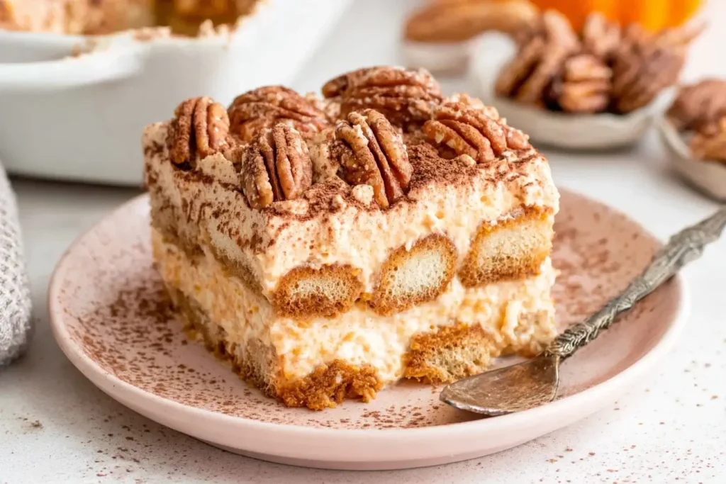 Creamy Pumpkin Tiramisu slice topped with pecans, cocoa powder, and layers of mascarpone and coffee-soaked ladyfingers.