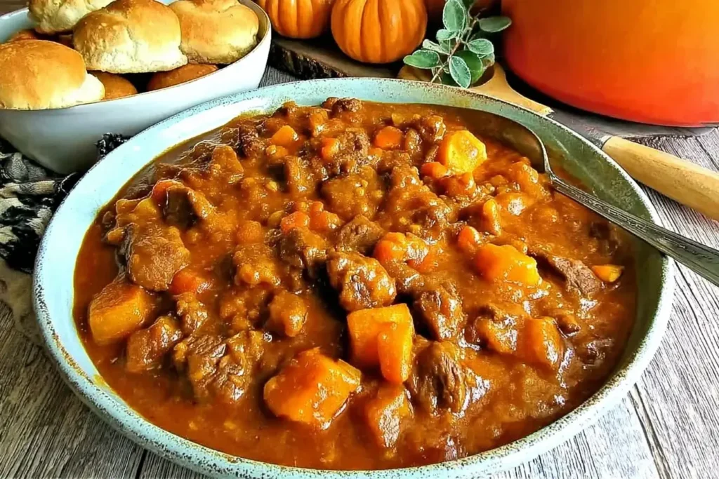 A hearty bowl of Autumn Harvest Beef Stew with tender beef, carrots, and squash in a rich broth, served with fresh rolls.