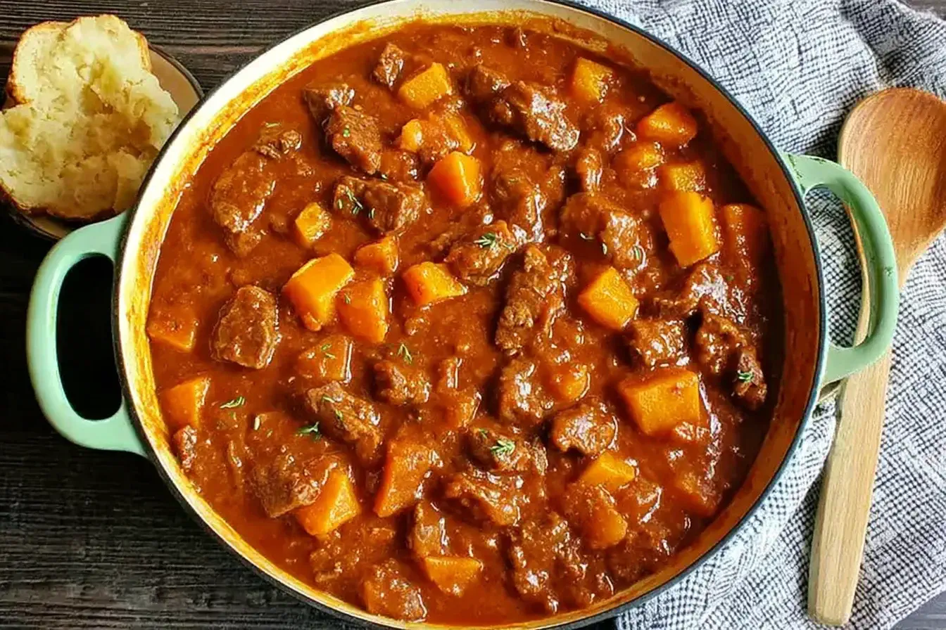 Dutch oven filled with Autumn Harvest Beef Stew featuring tender beef, butternut squash, and a rich fall-inspired broth.