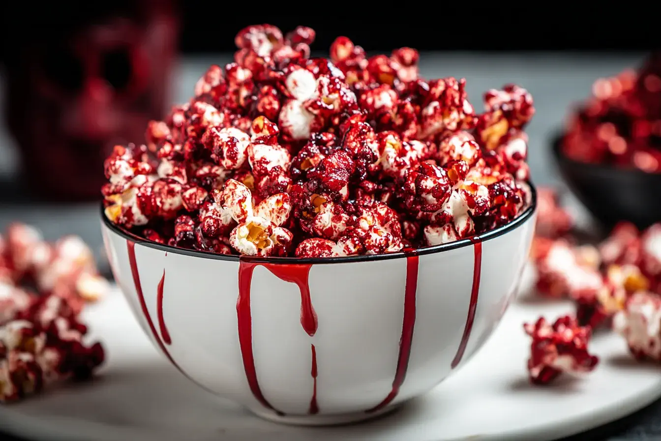 Bloody Red Velvet Popcorn drizzled with red syrup in a white bowl for a spooky Halloween treat.