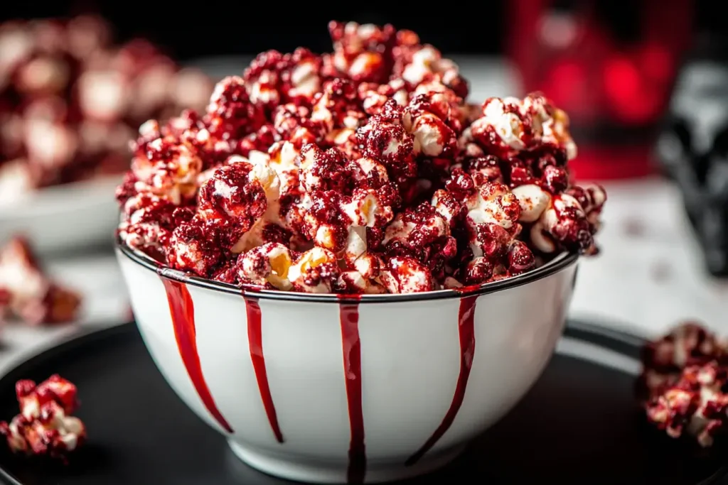 Close-up of Bloody Red Velvet Popcorn in a white bowl with red syrup dripping for a spooky Halloween treat.