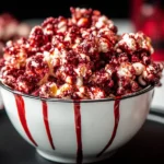 Close-up of Bloody Red Velvet Popcorn in a white bowl with red syrup dripping for a spooky Halloween treat.