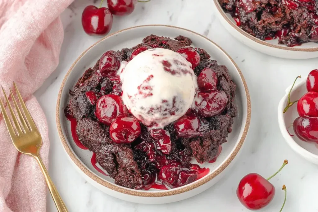Slow Cooker Chocolate Cherry Dump Cake topped with vanilla ice cream and juicy cherries on a white plate.
