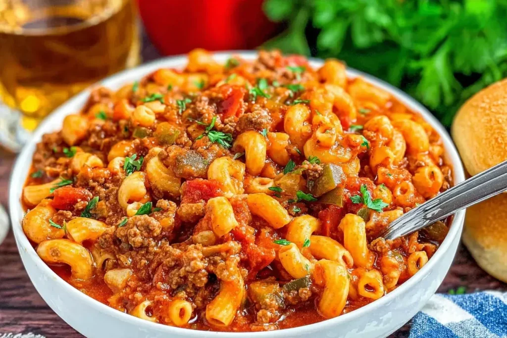 Crock Pot American Goulash served in a white bowl with ground beef, macaroni, and tomato sauce.