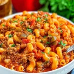 Crock Pot American Goulash served in a white bowl with ground beef, macaroni, and tomato sauce.
