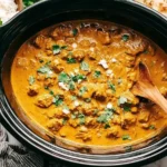 Slow Cooker Butter Chicken simmering in a crockpot, garnished with fresh cilantro and ready to serve with rice and naan.