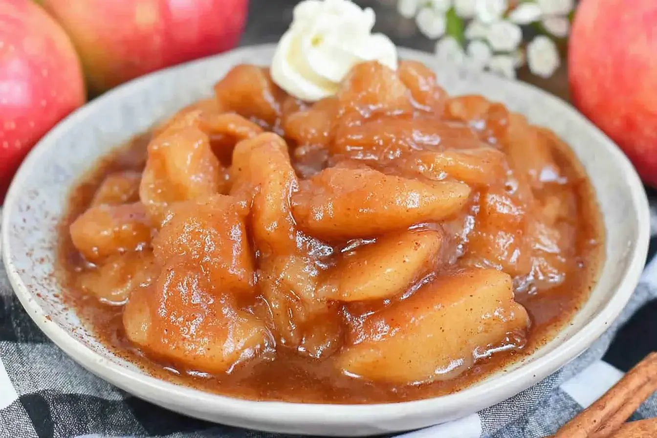 Warm and tender slow cooker fried apples coated in cinnamon sugar sauce, served in a bowl with a dollop of cream.