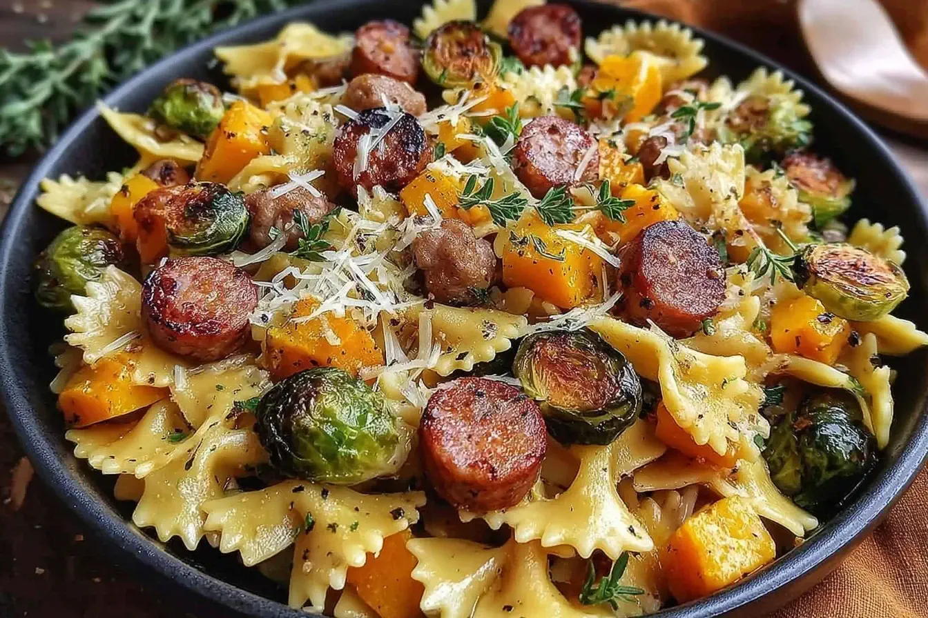 Autumn Sausage Pasta Squash with roasted Brussels sprouts, smoked sausage, and bow tie pasta in a black bowl topped with Parmesan and thyme.