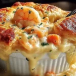 Cheddar Bay Biscuit Seafood Pot Pie with golden crust and creamy shrimp filling spilling over