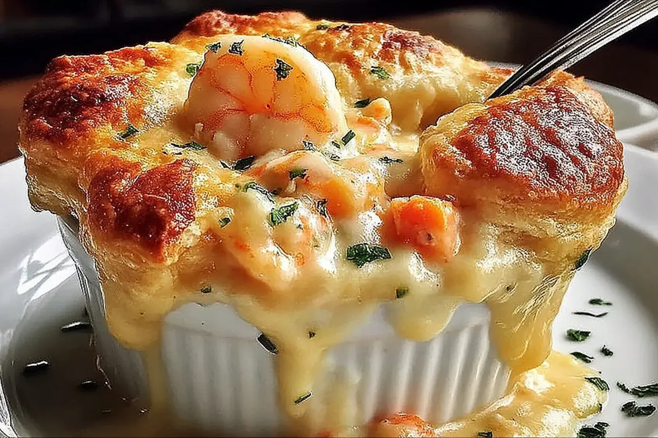 Cheddar Bay Biscuit Seafood Pot Pie with golden crust and creamy shrimp filling spilling over