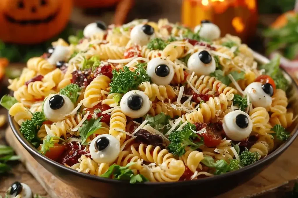 Eyeball Pasta Salad with mozzarella eyeballs, black olives, and rotini pasta for a spooky and fun Halloween recipe.