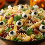 Eyeball Pasta Salad with mozzarella eyeballs, black olives, and rotini pasta for a spooky and fun Halloween recipe.