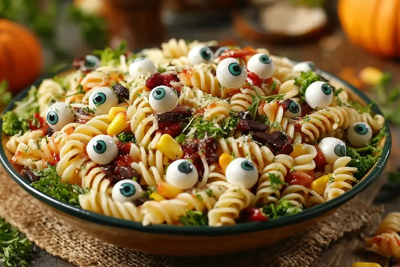 Eyeball Pasta Salad with mozzarella eyeballs, olives, and rotini pasta for a spooky Halloween party dish.