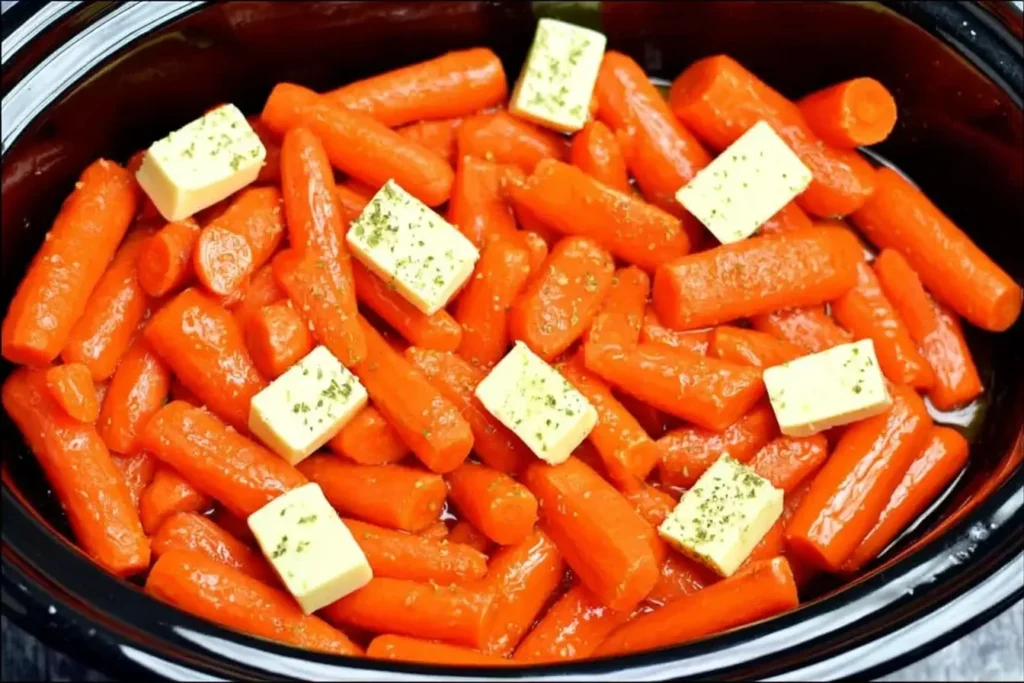Slow Cooker Maple and Brown Sugar Glazed Carrot with butter cubes ready to cook