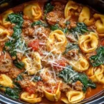Crockpot Cheese Tortellini and Sausage with spinach, sausage, and a creamy tomato sauce in a slow cooker.