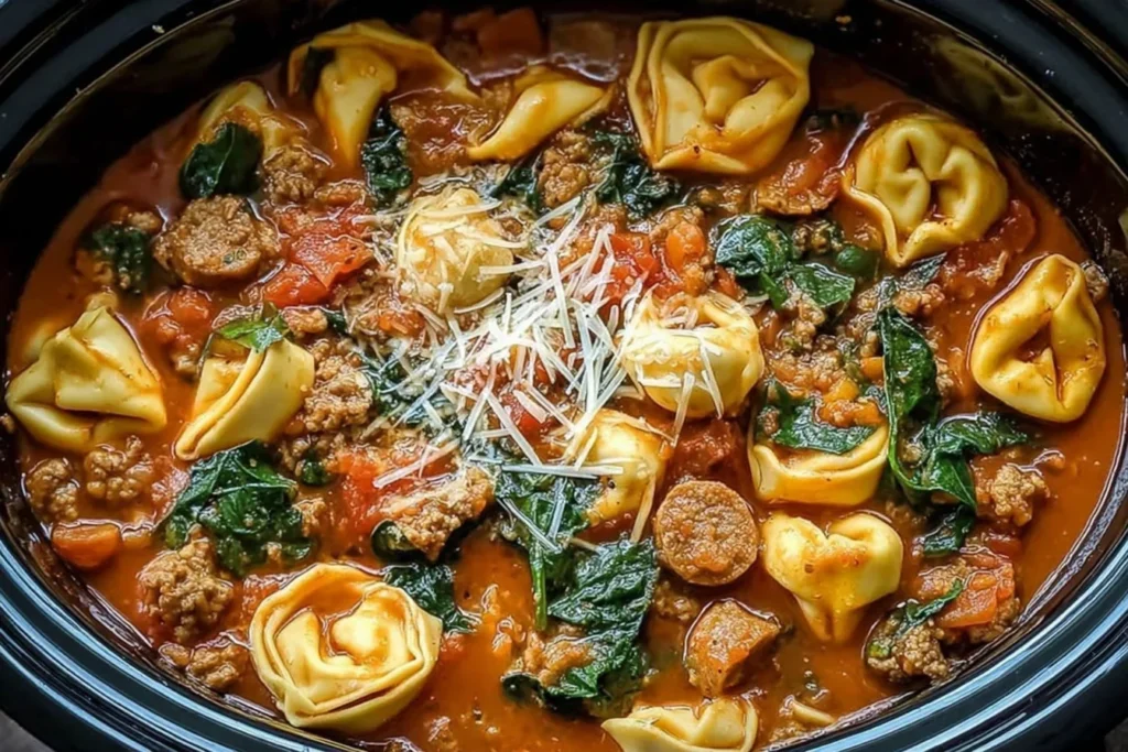 Crockpot Cheese Tortellini and Sausage with spinach, Italian sausage, tomatoes, and Parmesan in a rich tomato cream sauce.