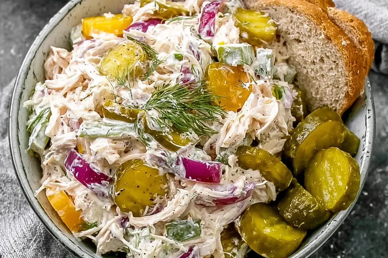 Savory Dill Pickle Chicken Salad with shredded chicken, pickles, and colorful vegetables served with bread and extra pickles.
