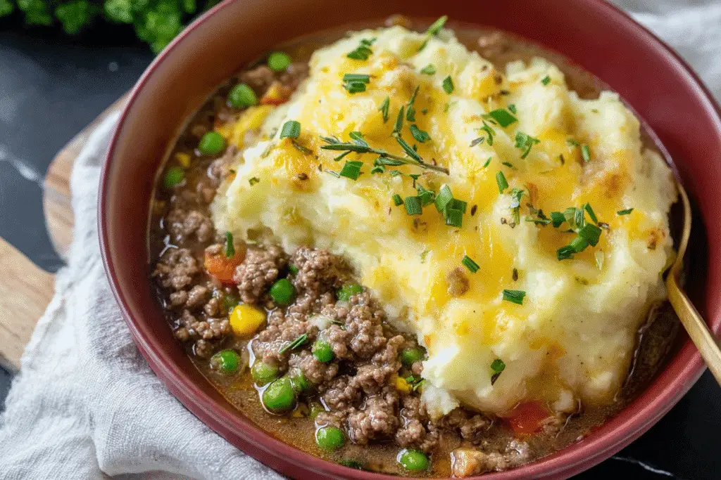 Bowl of Crockpot Shepherd’s Pie with seasoned ground beef, vegetables, and creamy mashed potatoes.