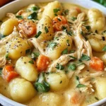 Creamy One Pot Gnocchi Chicken Pot Pie with tender chicken, carrots, peas, and fluffy gnocchi in a rich, savory sauce.