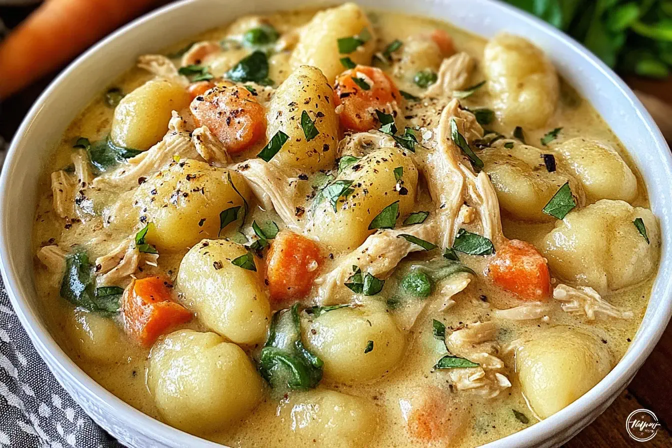 Creamy One Pot Gnocchi Chicken Pot Pie with tender chicken, carrots, peas, and fluffy gnocchi in a rich, savory sauce.