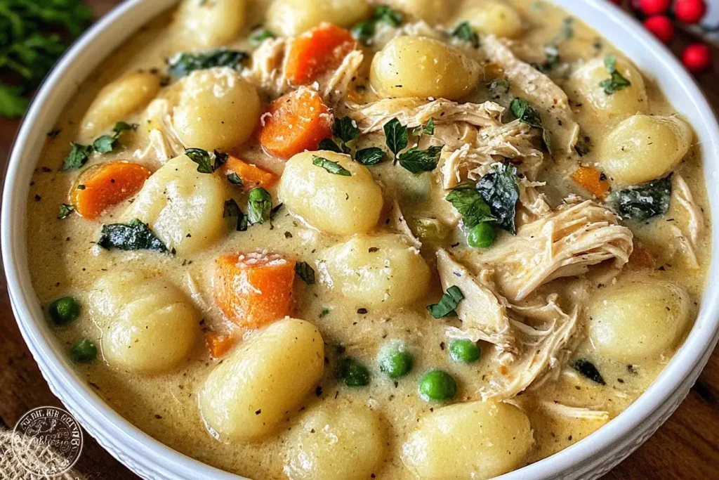 Hearty One Pot Gnocchi Chicken Pot Pie with shredded chicken, carrots, peas, and pillowy gnocchi in a creamy sauce, garnished with fresh herbs.
