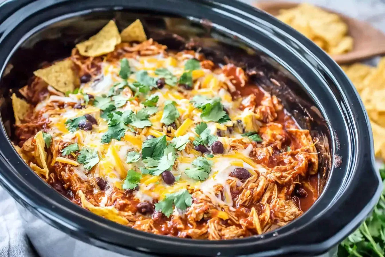 Crockpot Chicken Enchilada Casserole topped with melted cheese, black beans, and fresh cilantro in a slow cooker.