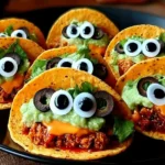 Spooky Eyeball Tacos with guacamole, olives, and cheese in crispy taco shells, perfect for a fun and creepy Halloween dinner