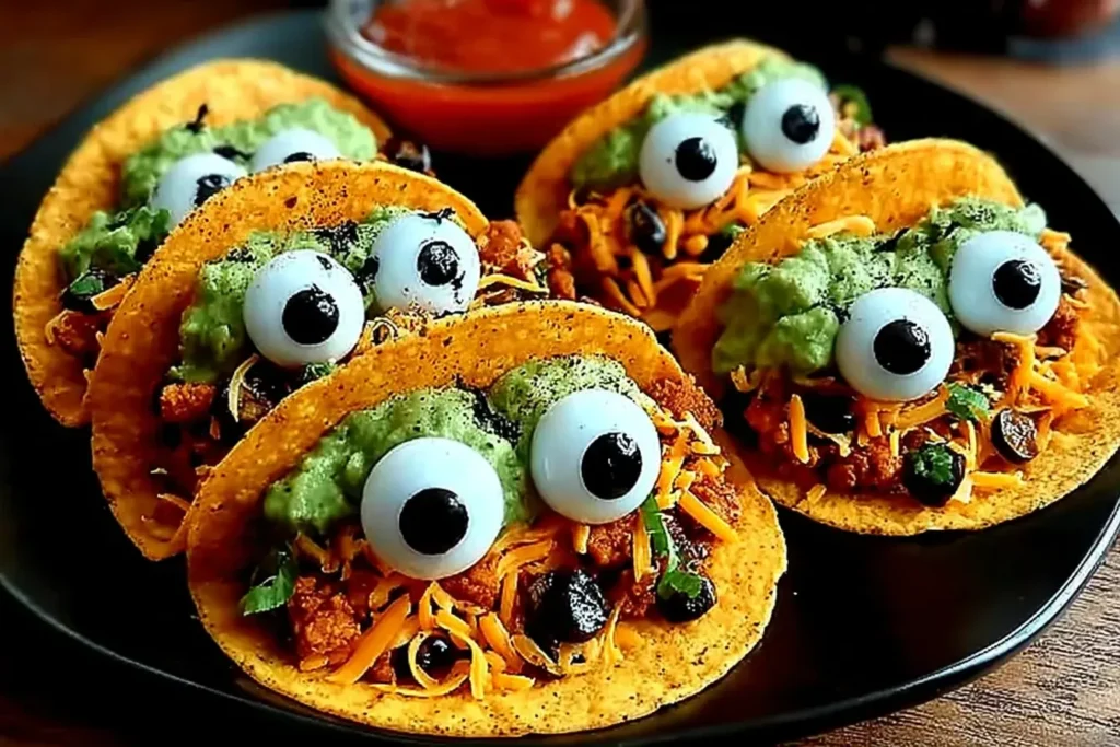 Spooky Eyeball Tacos with guacamole, shredded cheese, and olive eyeballs in crispy taco shells for a fun Halloween dinner.