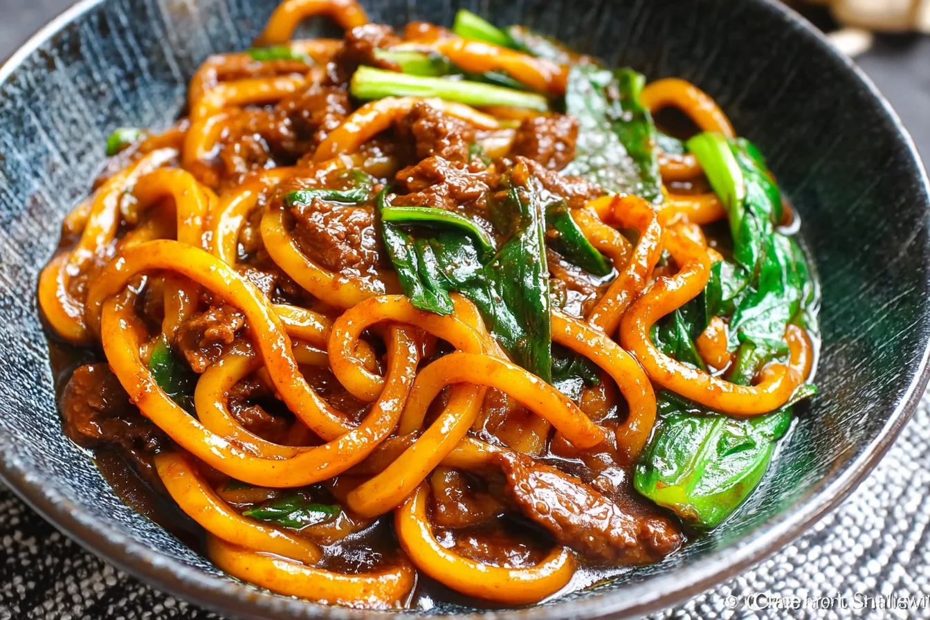 Beef Black Pepper Udon with tender beef, chewy noodles, and glossy pepper sauce in a bowl.