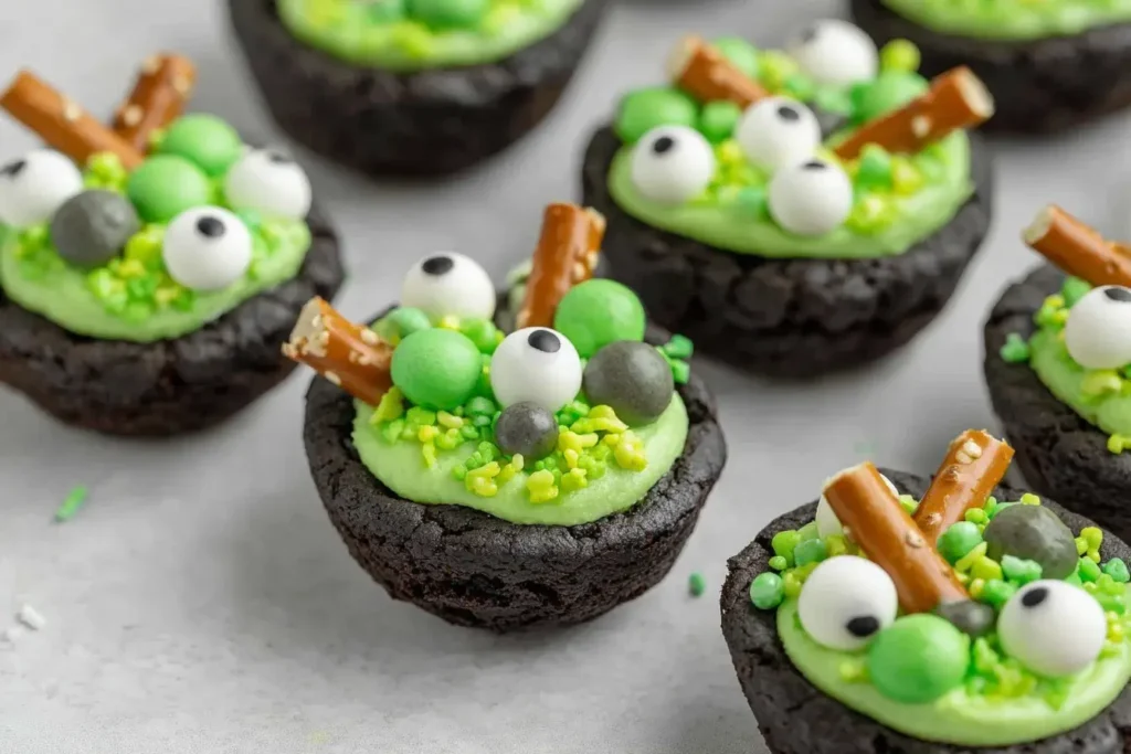 Halloween Cauldron Cookies decorated with green frosting, candy eyes, sprinkles, and pretzel sticks on a light background.