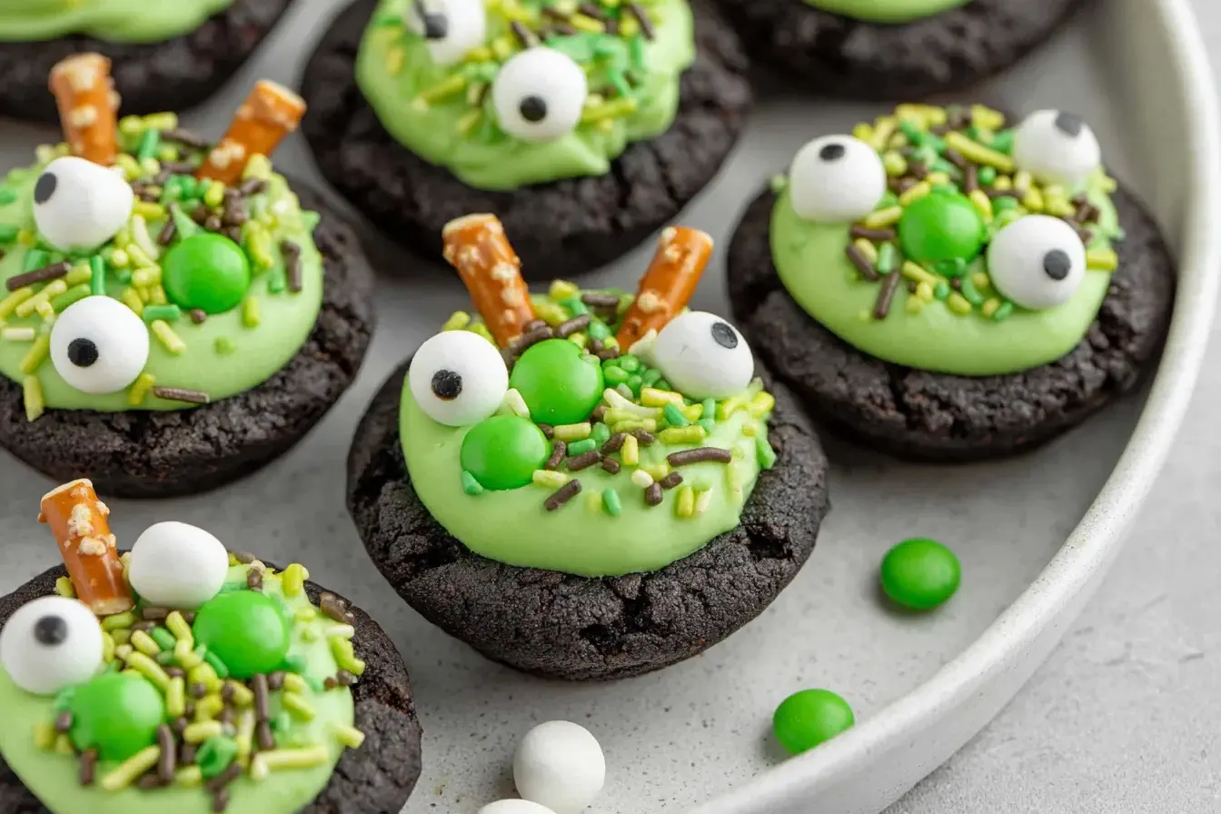Spooky Cauldron Cookies topped with green frosting, candy eyeballs, sprinkles, and pretzel stir sticks on a white plate.