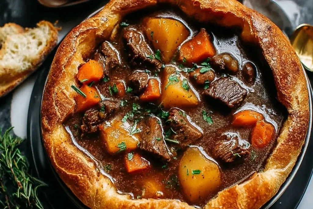 Witch’s Cauldron Beef Stew in a crispy bread bowl with tender beef, potatoes, and carrots in a rich, dark broth.