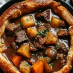 Hearty Witch’s Cauldron Beef Stew served in a golden bread bowl with tender beef, carrots, and potatoes in rich broth.