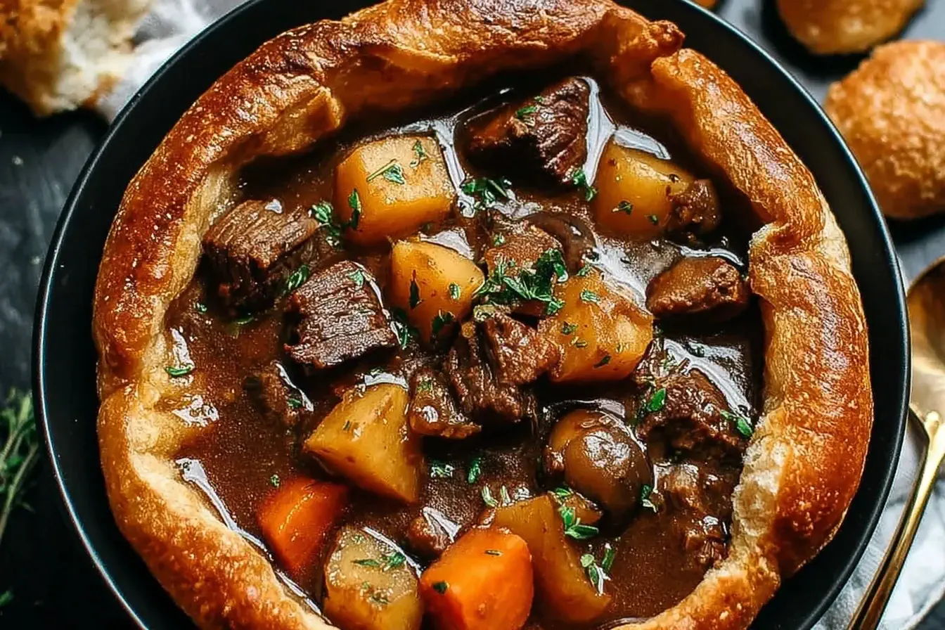 Hearty Witch’s Cauldron Beef Stew served in a golden bread bowl with tender beef, carrots, and potatoes in rich broth.
