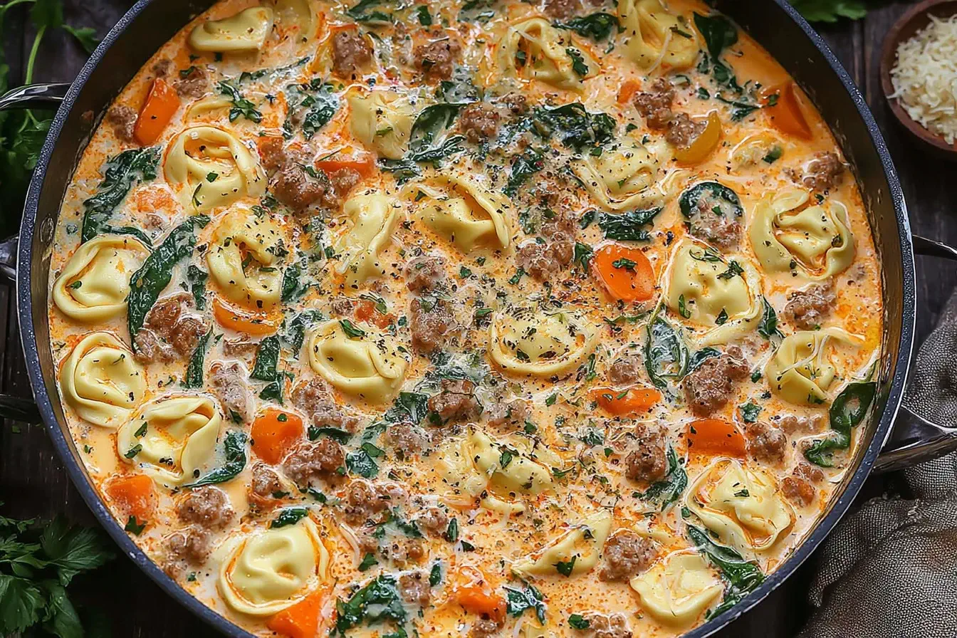 Creamy Sausage Tortellini Soup with spinach, sausage, and cheese tortellini simmered in a rich creamy broth