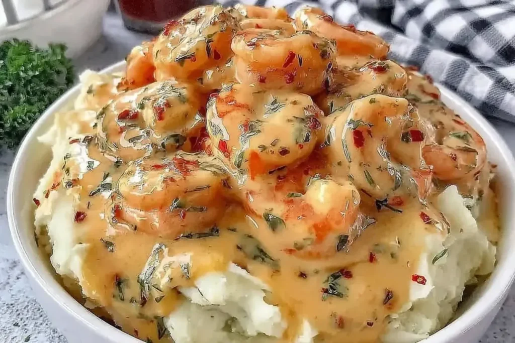 Creamy Garlic Shrimp Over Mashed Potatoes topped with rich garlic Parmesan sauce and fresh herbs in a white bowl.