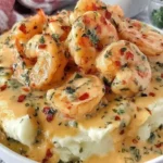 Creamy Garlic Shrimp Over Mashed Potatoes with rich garlic butter sauce, herbs, and chili flakes in a white bowl.