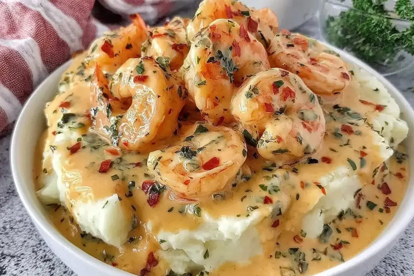 Creamy Garlic Shrimp Over Mashed Potatoes with rich garlic butter sauce, herbs, and chili flakes in a white bowl.