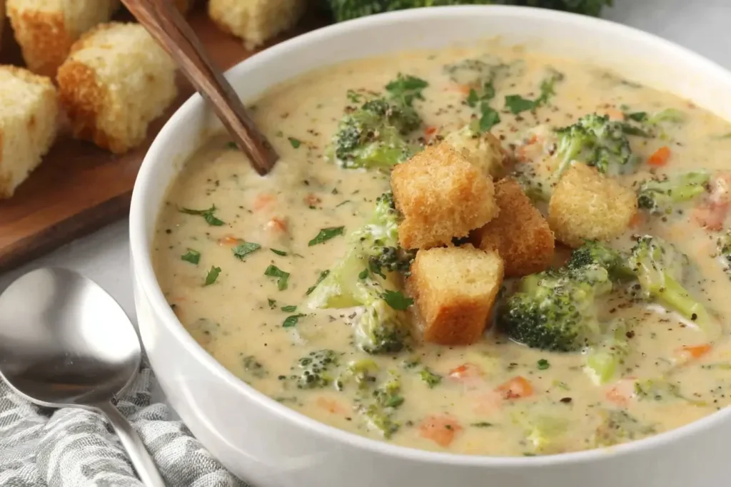 Creamy smoked gouda broccoli soup with fresh parsley and golden croutons served in a white bowl.